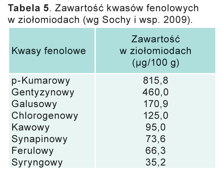 Tabela 5. Zawartość kwasów fenolowych w ziołomiodach (wg Sochy i wsp. 2009). Kwasy fenolowe Zawartość w ziołomiodach
